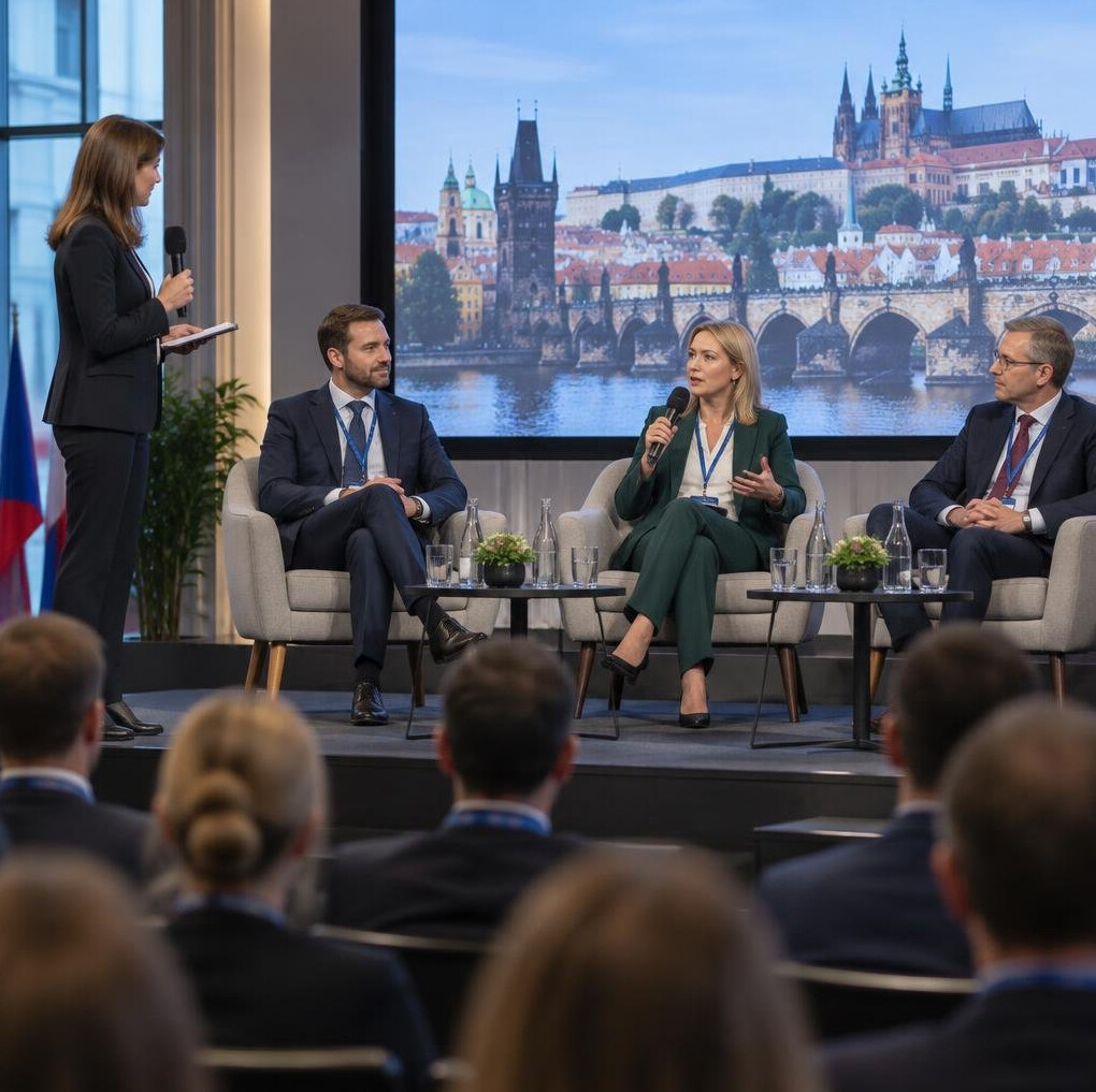 Business conference panel discussion moderated on stage