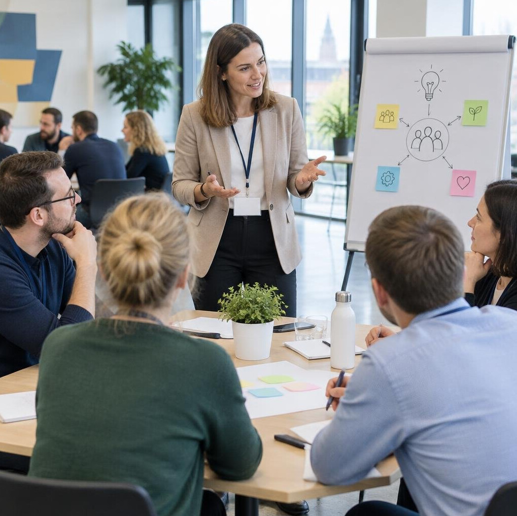 Corporate team event with facilitator leading a group session