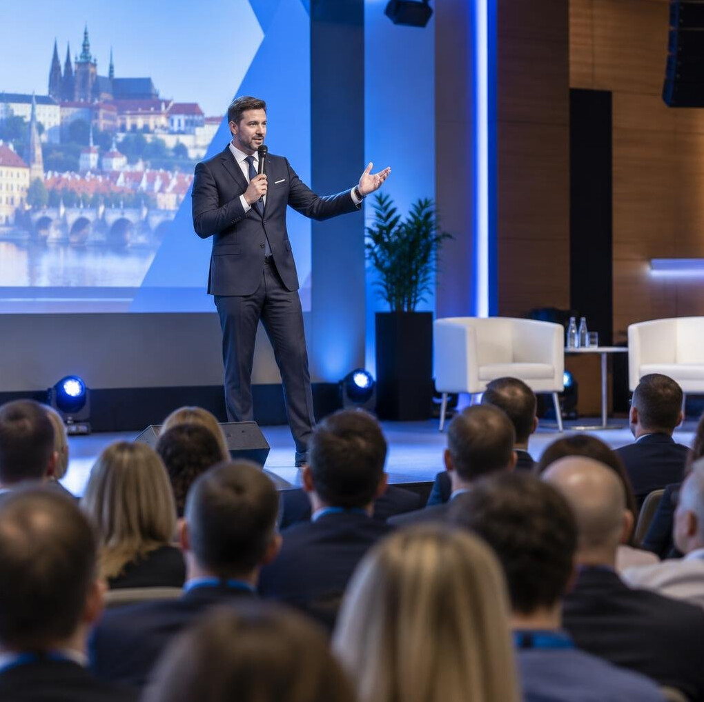 Moderator hosting a business conference on stage in front of an audience