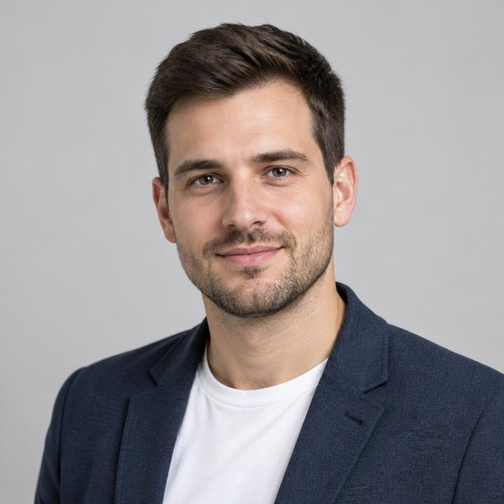 Studio portrait of a young Czech male trainer and moderator
