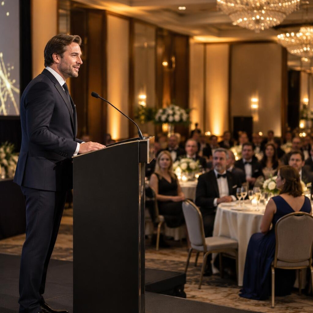 Corporate gala evening event with host on stage