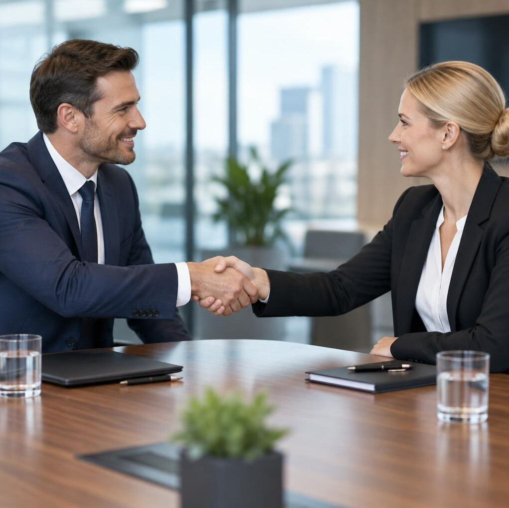 Business people shaking hands after a successful negotiation meeting
